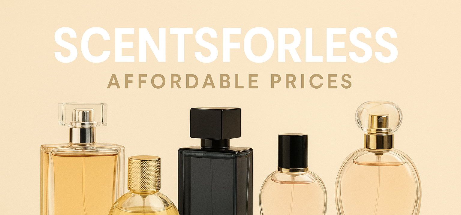 Five perfume bottles on a beige background with 'SCENTSFORLESS' branding.

